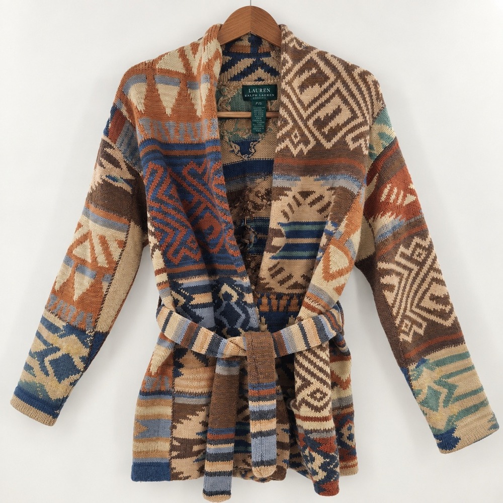 Lauren Ralph Lauren Southwestern Cardigan VTG Sweater Womens P/S Boho Hand Knit